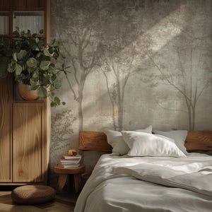 Carta da parati murale con foresta vintage, carta da parati con paesaggio seppia, carta da parati adesiva neutra per camera da letto o soggiorno.