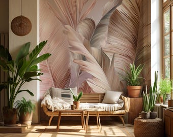 Carta da parati murale con foglie tropicali color rosa tenue: carta da parati adesiva con foglie di palma neutre