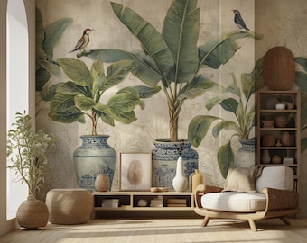 Chinoiserie Banana Leaf Wallpaper: Blue Porcelain Pots, Tropical Wall Mural