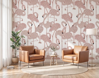 Vintage Pink Flamingo Wallpaper Mural: Tropical Coastal Wall Decor