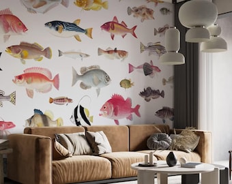 Papel pintado despegable y adhesivo con peces de colores: Mural de pared extraíble bajo el mar