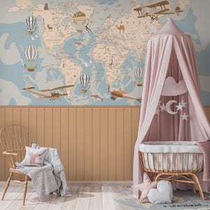 Vintage vliegtuig en heteluchtballon wereldkaart muurschildering, avontuurlijke reizen kinderkamer of kinderkamer kunst aan de muur, safaridieren lat Peel-and-Stick muurschildering