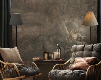 May include: A cozy living room scene featuring two wooden armchairs with dark gray cushions and pillows. A vintage-style mural depicting a classical scene serves as a backdrop. Two lamps with shades and a small table with candles and decor complete the setting.