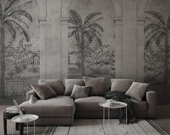 Mural de pared tropical con arco romano, papel pintado autoadhesivo vintage con palmeras