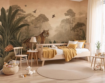 Peel and Stick Tiger Wallpaper Mural, Jungle Nursery Decor, Custom Size