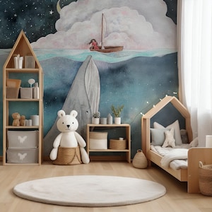 Carta da parati con balena e ragazza in barca, acquerello con cielo notturno oceanico da sogno, per cameretta dei bambini, murale staccabile e attaccabile su misura
