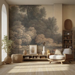 Vintage Pastoral Landscape Wallpaper: Cows & River Peel and Stick Wall Mural