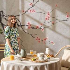 Carta da parati murale giapponese Sakura, carta da parati con fiori di ciliegio, carta da parati ispirata allo stile Zen per cameretta, camera da letto o spa, carta da parati floreale