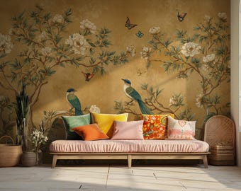 Antique Gold Chinoiserie Wallpaper: Birds & Blossoms Peel and Stick Wall Mural
