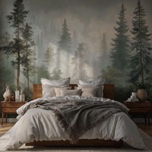 May include: A bedroom scene featuring a wooden bed frame with white bedding and a gray fringed throw blanket. The headboard is simple, and the wall behind the bed is a mural of a forest scene with tall trees and a misty atmosphere. Two wooden nightstands flank the bed.