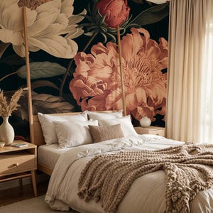 Carta da parati floreale vintage, murale con peonie e rose, grande carta da parati floreale, arredamento romantico in stile cottagecore per soggiorno o camera da letto