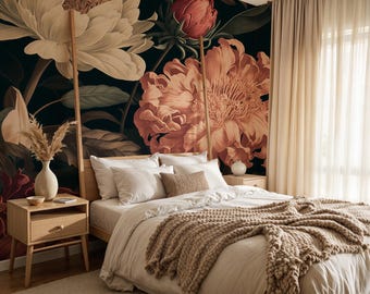 Papel tapiz floral vintage, mural de pared de peonías y rosas, mural de flores grandes, decoración romántica estilo cottagecore para sala de estar o dormitorio.
