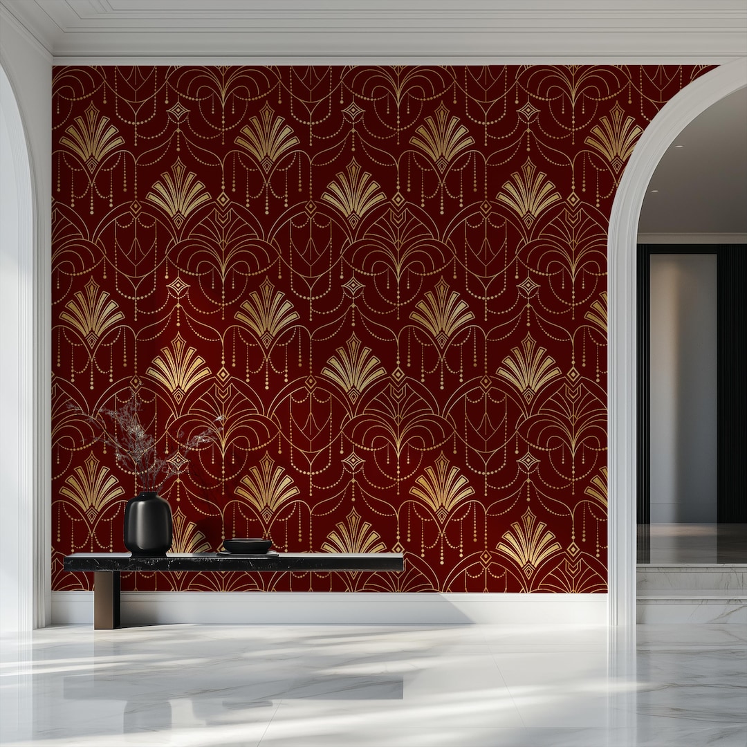 Art Deco Fan Peel and Stick Wallpaper: Burgundy Gold Glam Mural - Etsy