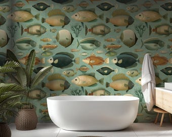 Vintage Fish Pattern Wallpaper: Coastal Style Peel and Stick Wall Mural