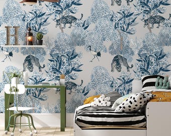 Papel pintado autoadhesivo estilo chinoiserie azul: Mural de animales