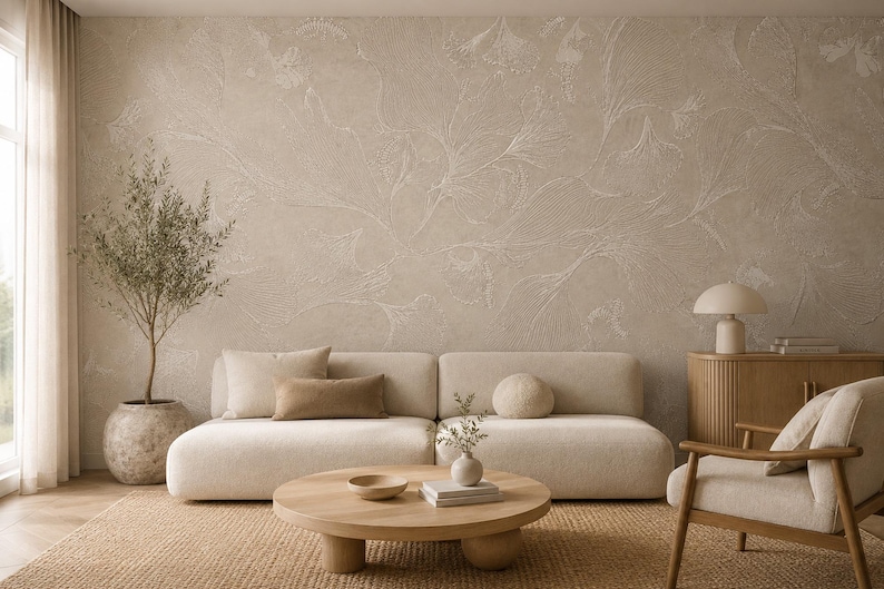 Ginkgo Leaf Wallpaper -beige Botanical Wall Mural -organic Modern Decor ...