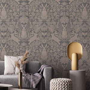 Rabbit Damask Peel & Stick Wallpaper Mural: Gray Bunny Floral Wall Decal