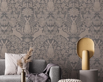 Rabbit Damask Peel & Stick Wallpaper Mural: Gray Bunny Floral Wall Decal