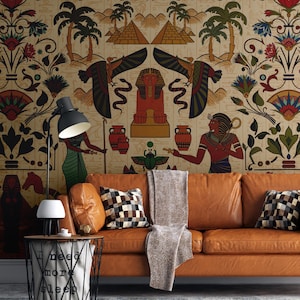 Egyptian Peel and Stick Wall Mural – Custom Size Ancient Egypt Wallpaper with Hieroglyphics, Sphinx, Pharaoh & Papyrus Botanical Art