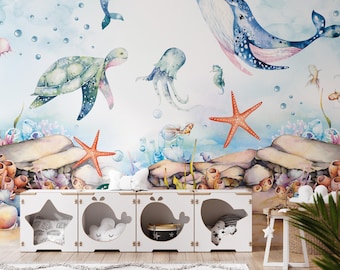 Kids Ocean Theme Peel and Stick Wallpaper: Whale Dolphin Turtle Custom Size Wall Mural