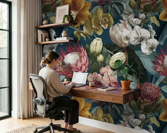 Tropical Floral Peel and Stick Wallpaper, Bold Botanical Wall Mural, Colorful Flower Removable Wallpaper
