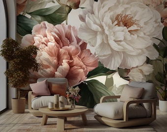 Blush White Peony Floral Peel and Stick Wallpaper