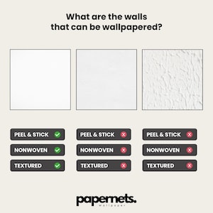May include: A graphic from papernets.com illustrating wall textures and wallpaper compatibility. The text asks "What are the walls that can be wallpapered?" and shows which textures work with peel & stick, nonwoven, and textured wallpaper.
