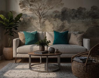 May include: A living room scene featuring a cream-colored sofa with teal and beige throw pillows. A round wooden coffee table sits on a patterned rug. A large tree mural adorns the wall, and a potted plant adds greenery.
