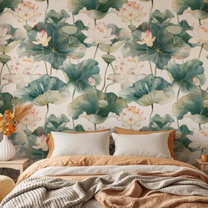 Papier peint fleur de lotus, décoration murale élégante nénuphar, papier peint amovible pour spa, salle de bain ou chambre à coucher, dimension personnalisée