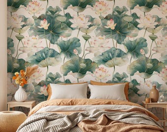 Papel tapiz de flor de loto, elegante mural de pared de nenúfar, papel tapiz removible despegable y adhesivo para decoración de spa, baño o dormitorio, tamaño personalizado