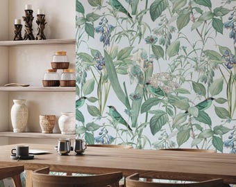 Behangafbeelding Botanische vogel: elegant groen Cottagecore-decor