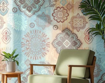 Papel pintado autoadhesivo con estampado floral bohemio: mural de pared geométrico vintage.