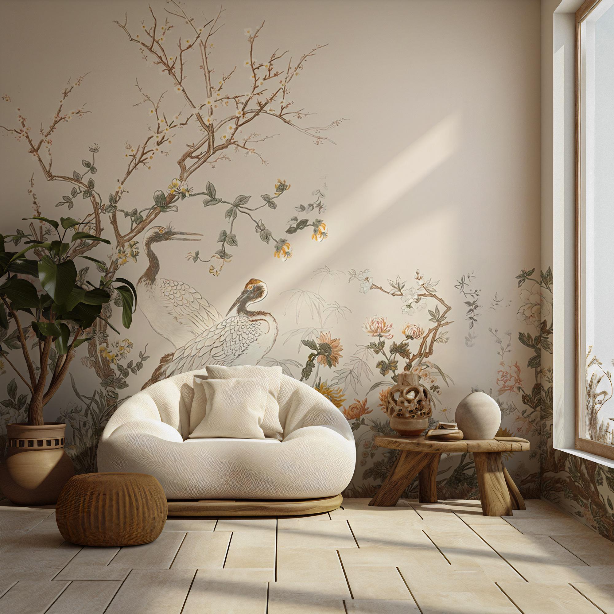 Mural de pared elegante con pájaro grulla, papel pintado autoadhesivo con pájaros y flores estilo chinoiserie, arte mural botánico japonés, papel pintado a medida