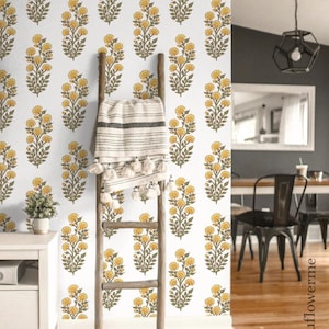 Mural de pared indio Sanganeri de tamaño personalizado, papel pintado autoadhesivo con motivos florales amarillos, mural botánico vintage, arte mural floral extraíble.