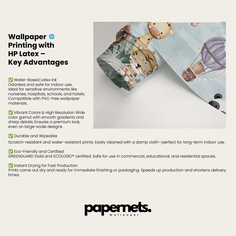 May include: Wallpaper printed with HP Latex, showcasing a safari animal design. The roll features a giraffe, tiger, and hot air balloon on a light blue backdrop. The text "papernets. wallpaper" is at the bottom of the image.