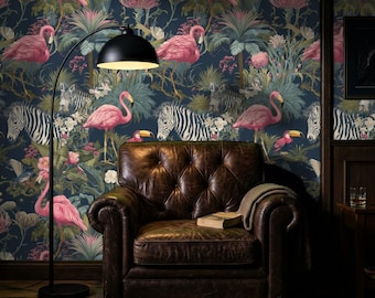 Tropical Flamingo Peel and Stick Wallpaper, Jungle Animal Wall Mural, Exotic Zebra Removable Wallpaper