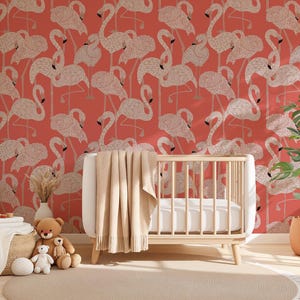 Rose Pink Flamingo Wallpaper, Vintage Tropical Flamingo Wall Decor, Retro Flamingo Wall Mural, Flamingo Beach House Decor