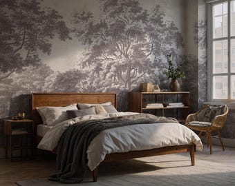 Mural clásico con grabado de bosque: Papel pintado autoadhesivo de paisaje de líneas finas