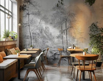 Neutral Sepia Woodland Peel and Stick Wallpaper, Custom Size Landscape Wall Mural
