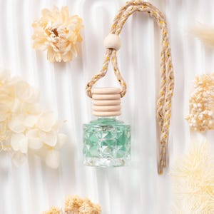 May include: A clear glass car air freshener with a geometric pattern, filled with a light green liquid. It has a wooden cap and a braided rope with gold accents for hanging. The background includes dried flowers.