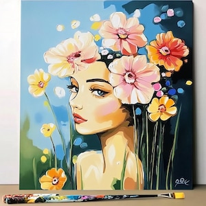 Floral Woman Paint by Number Kit – Elegant DIY Portrait Painting for Adults | Modern Art with Flower Crown | Feminine Wall Décor Gift