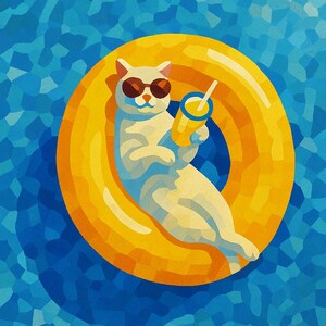 Può includere: Illustrazione di un gatto bianco con occhiali da sole, che si rilassa su un anello gonfiabile giallo in una piscina blu. Il gatto tiene in mano una bevanda gialla con una cannuccia. Stile mosaico.