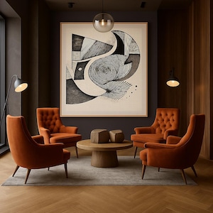 Pode incluir: Um interior moderno com quatro poltronas de veludo laranja dispostas em torno de uma mesa de centro redonda de madeira. Uma grande obra de arte abstrata emoldurada está pendurada na parede. O ambiente é sofisticado.