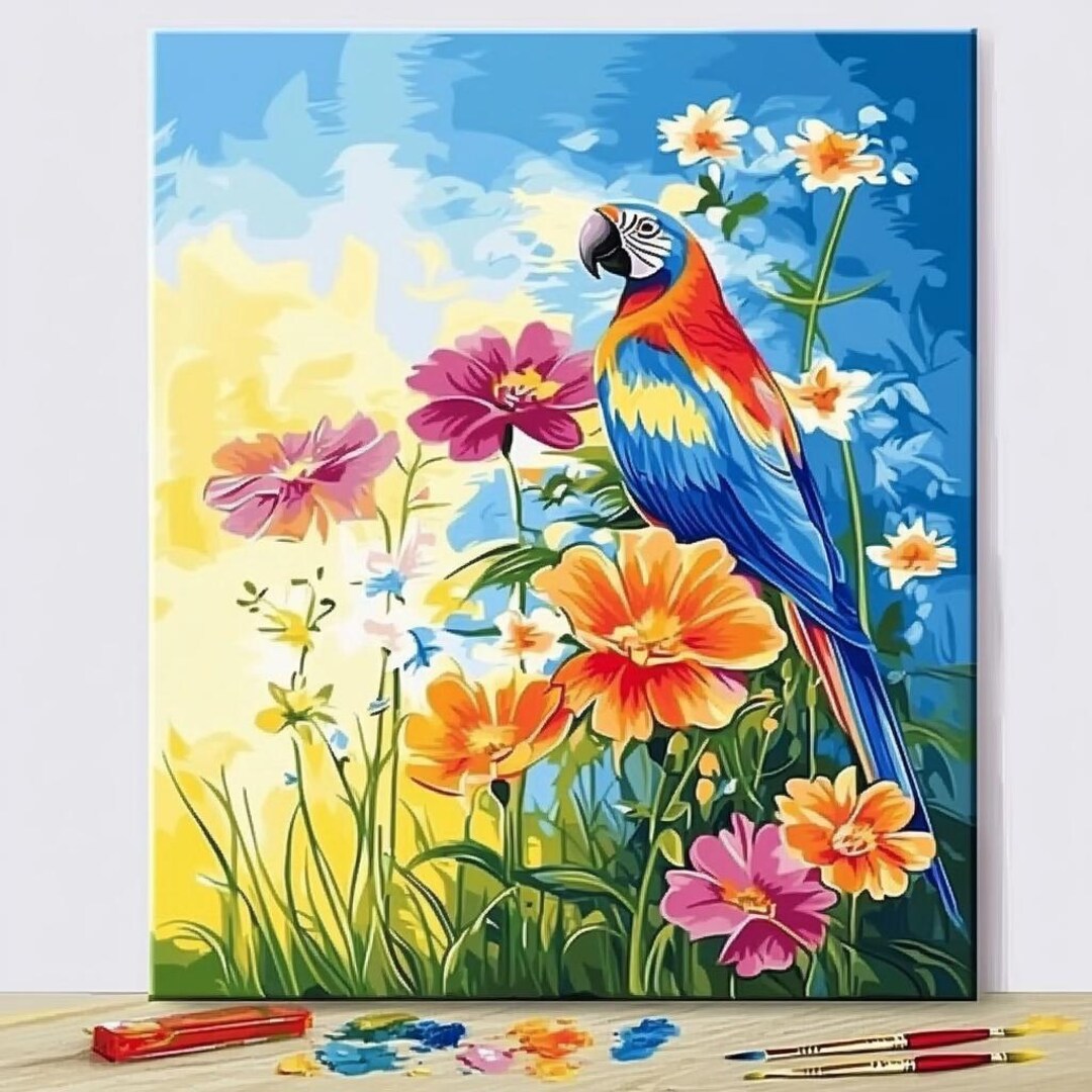 数字で描くオウムの塗り絵キット – 大人のための鮮やかなDIY絵画