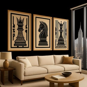 May include: Three framed art prints featuring black chess pieces on a beige background. The pieces include a rook, knight, and queen. The prints are displayed above a cream-colored sofa in a modern living room setting.
