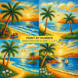 Paint by Number Beach - Tropical Beach Sunset with Sailboats – DIY Painting | Coastal Wall Art | Relaxing Summer Art Project