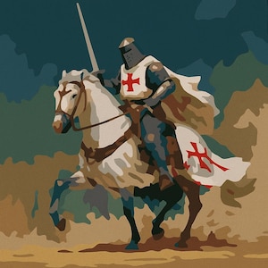 Könnte beinhalten: Eine Illustration eines mittelalterlichen Ritters auf einem Pferd. Der Ritter trägt eine Rüstung und einen weißen Umhang mit rotem Kreuz. Das Pferd ist weiß mit braunen Akzenten, der Hintergrund blau und beige.