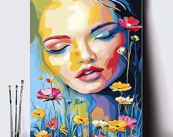 Woman Paint by Number Kit – Colorful DIY Portrait Painting for Adults | Abstract Floral Face Art | Creative & Relaxing Gift