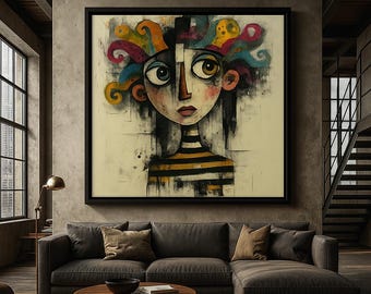 Abstract Portrait Wall Art, Abstract Portrait Wall Art, Colorful Canvas Print, Canvas Prints Vintage, Surreal Face Art
