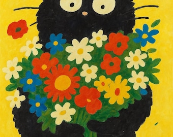 Funny Black Cat Holding Flowers Paint By Numbers Kit | Bright Whimsical Cartoon Style Canvas Painting Gift Kit For Cat Lovers